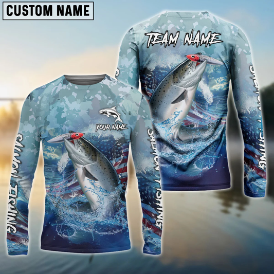 Frenzidea Salmon Fishing American Flag Seawave Custom Name & Team Name 3D Shirts