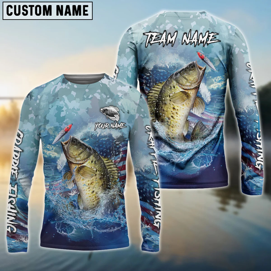 Frenzidea Crappie Fishing American Flag Seawave Custom Name & Team Name 3D Shirts