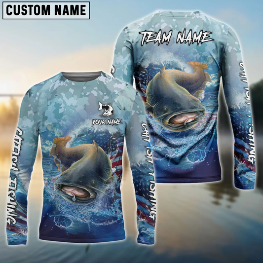 Frenzidea Catfish Fishing American Flag Seawave Custom Name & Team Name 3D Shirts