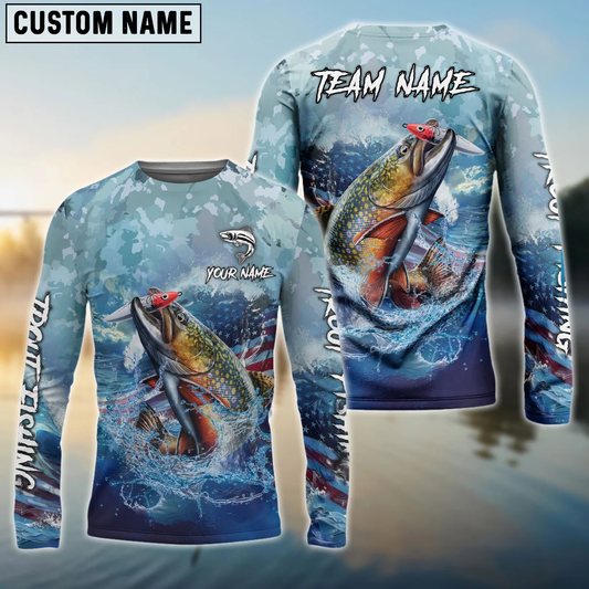 Frenzidea Trout Fishing American Flag Seawave Custom Name & Team Name 3D Shirts