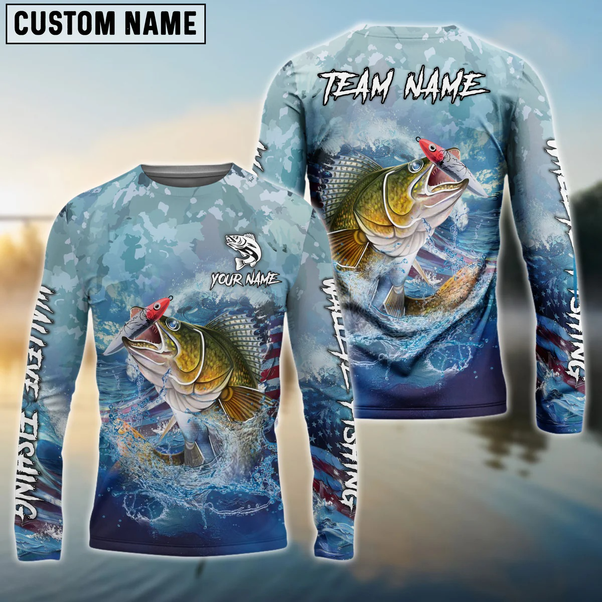 Frenzidea Walleye Fishing American Flag Seawave Custom Name & Team Name 3D Shirts