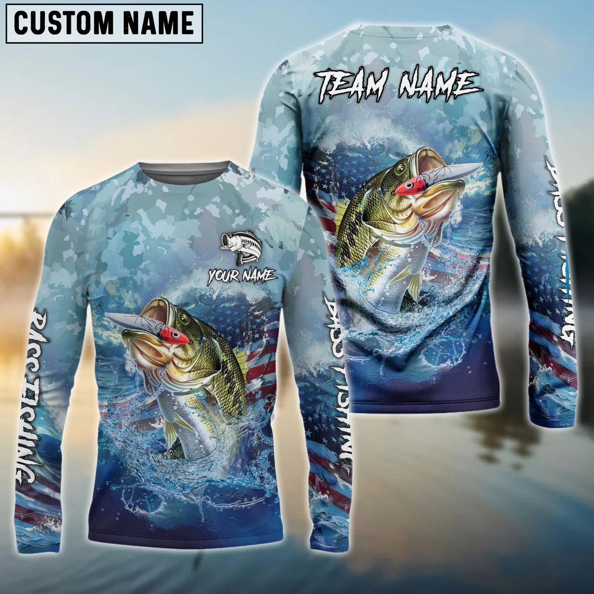 Frenzidea Bass Fishing American Flag Seawave Custom Name & Team Name 3D Shirts