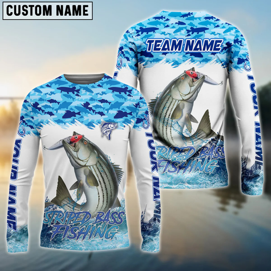 Frenzidea Striped Bass Fishing Blue Water Camo Custom Name & Team Name 3D Shirts