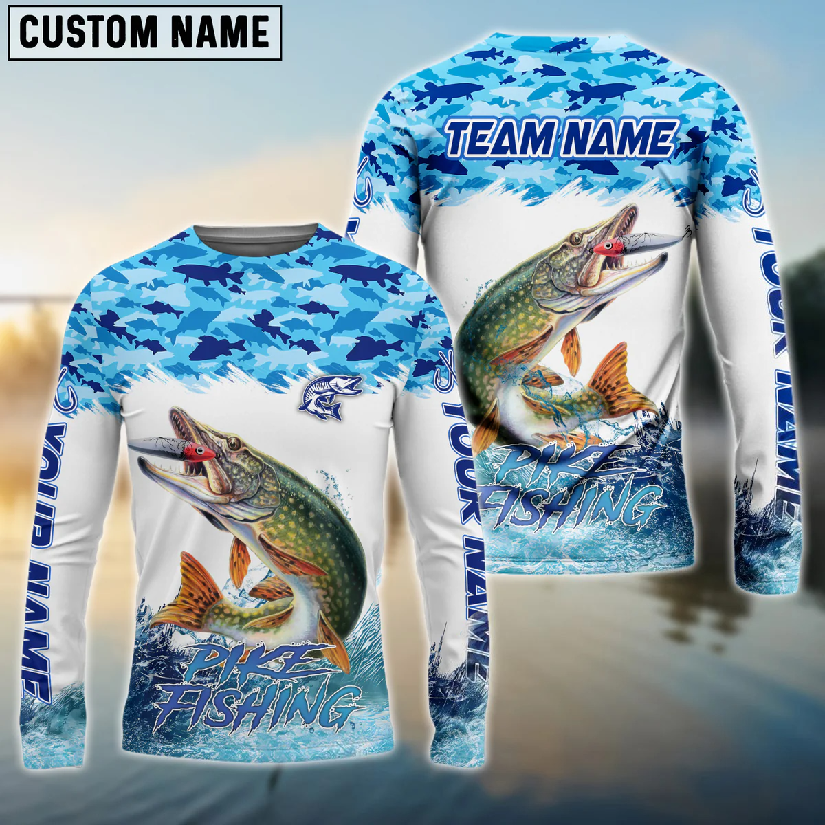 Frenzidea Pike Fishing Blue Water Camo Custom Name & Team Name 3D Shirts