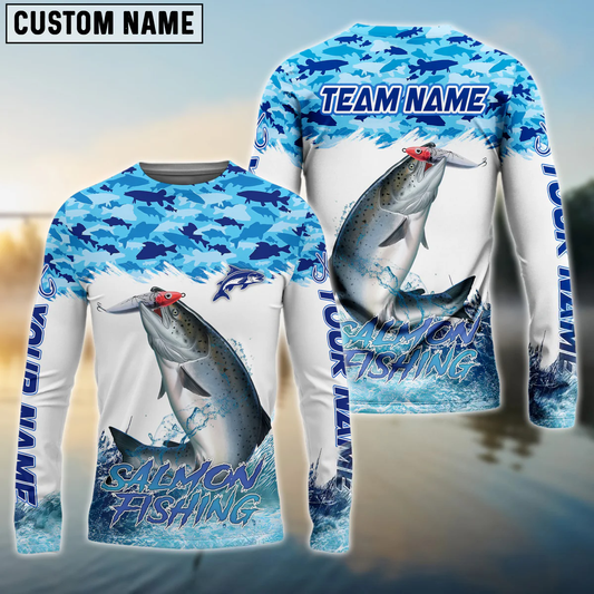 Frenzidea Salmon Fishing Blue Water Camo Custom Name & Team Name 3D Shirts