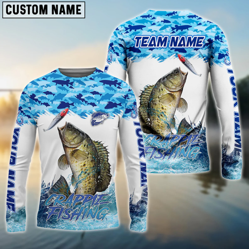 Frenzidea Crappie Fishing Blue Water Camo Custom Name & Team Name 3D Shirts