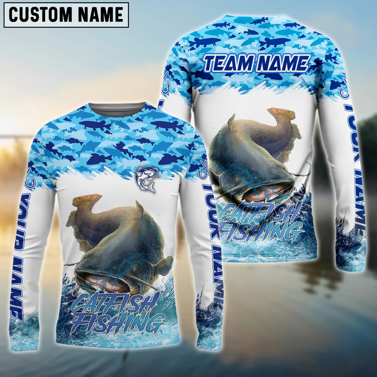 Frenzidea Catfish Fishing Blue Water Camo Custom Name & Team Name 3D Shirts