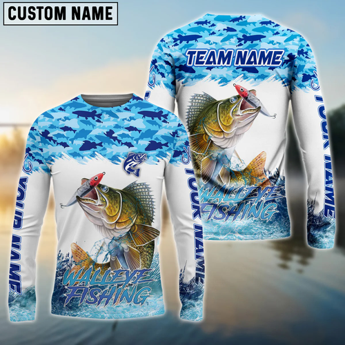 Frenzidea Walleye Fishing Blue Water Camo Custom Name & Team Name 3D Shirts