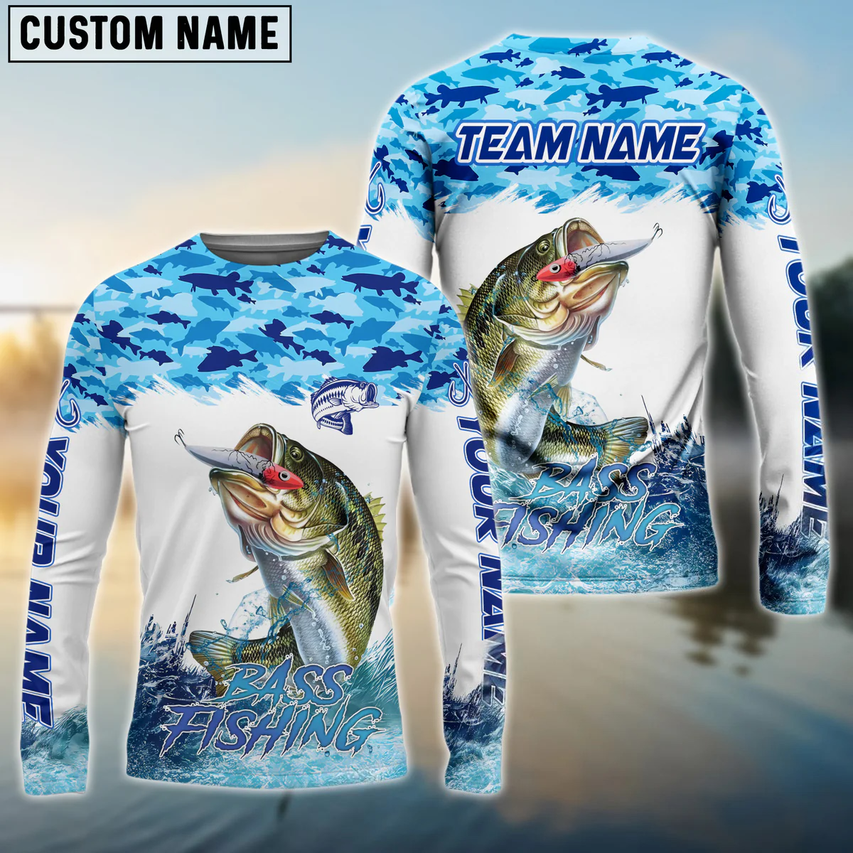 Frenzidea Bass Fishing Blue Water Camo Custom Name & Team Name 3D Shirts