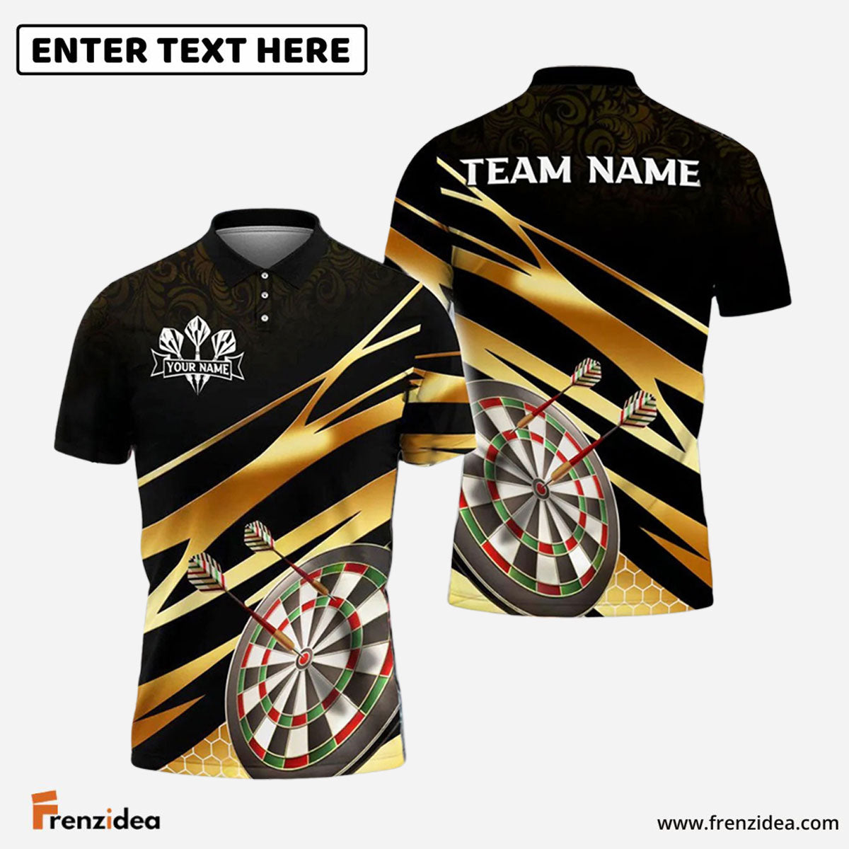 Frenzidea Darts Target Gold Flash Personalized Name, Team Name Shirt (4 Colors)