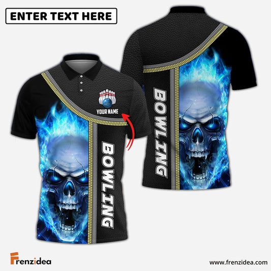 Frenzidea Bowling Cyan Flame Skull Pattern Customized Name 3D Shirt