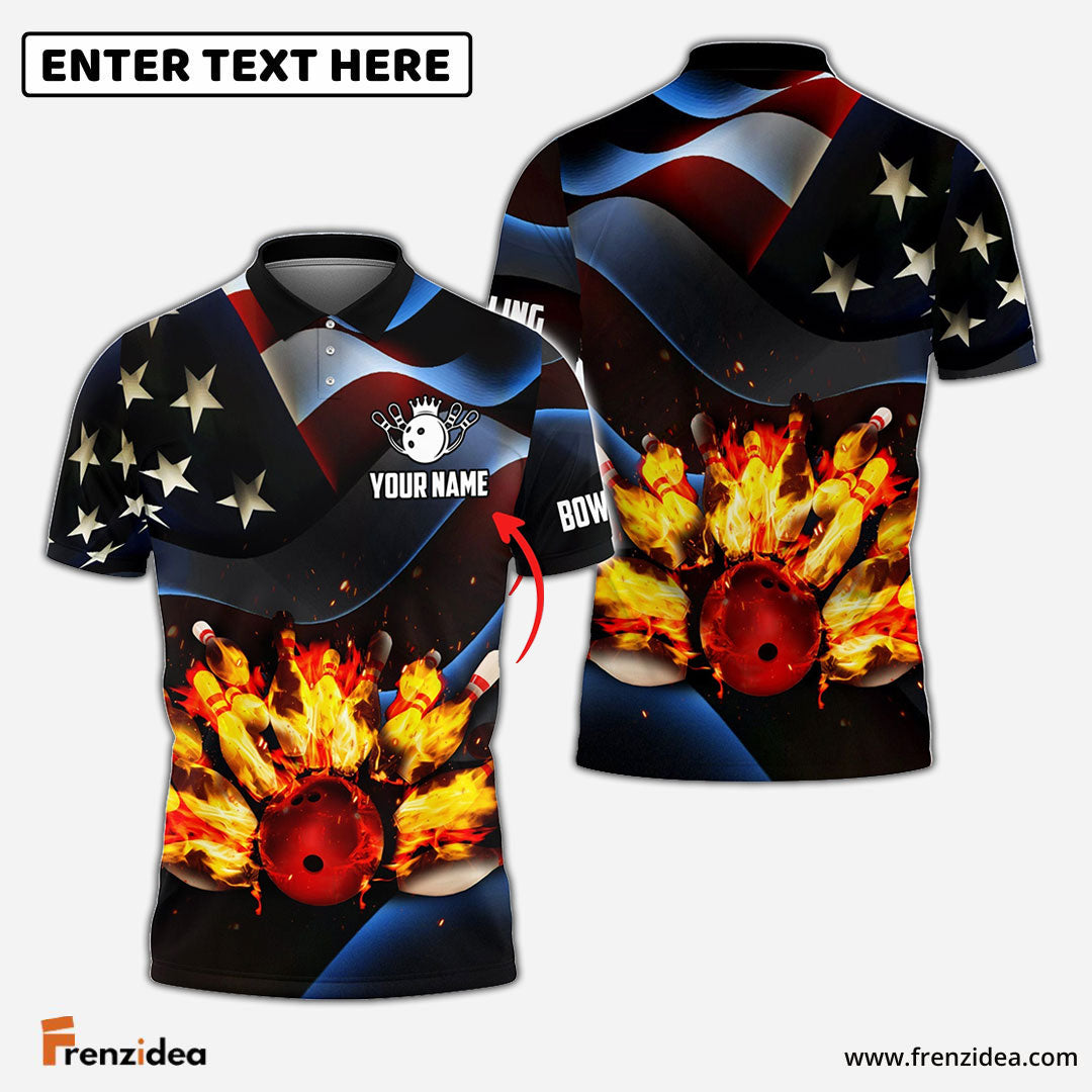 Frenzidea Bowling Ball And Pins Flame USA Flag Pattern Customized Name 3D Shirt