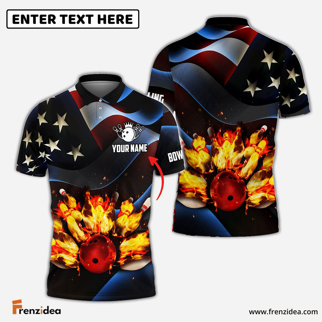 Frenzidea Bowling Ball And Pins Flame USA Flag Pattern Customized Name 3D Shirt