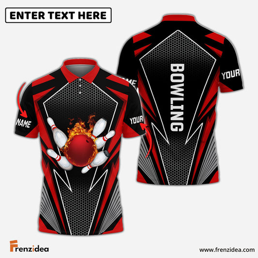 Frenzidea Red Bowling And Pins Flame Hexagon Pattern Premium Customized Name 3D Shirt