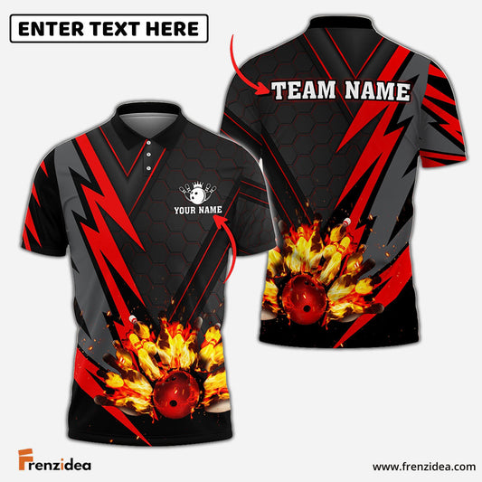 Frenzidea Bowling Ball  And Pins Flame Red Thunder Pattern Premium Customized Name 3D Shirt
