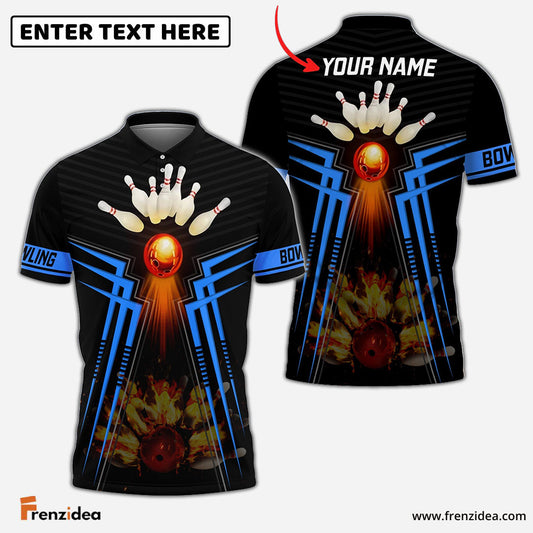 Frenzidea Blue Bowling Ball  And Pins Flame Premium Customized Name 3D Shirt