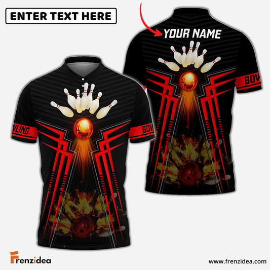 Frenzidea Red Bowling Ball  And Pins Flame Premium Customized Name 3D Shirt