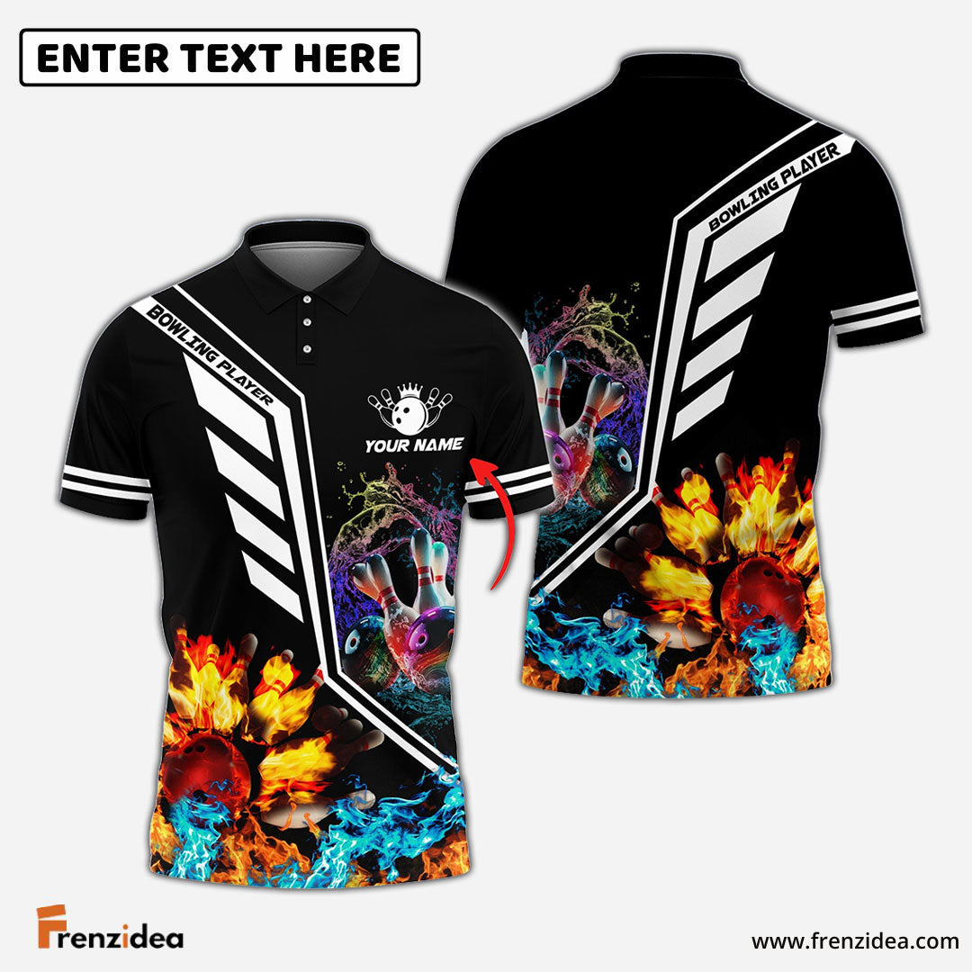 Frenzidea Bowling Ball Crashing The Pins Fire And Water Pattern Customized Name All Over Printed Shirt