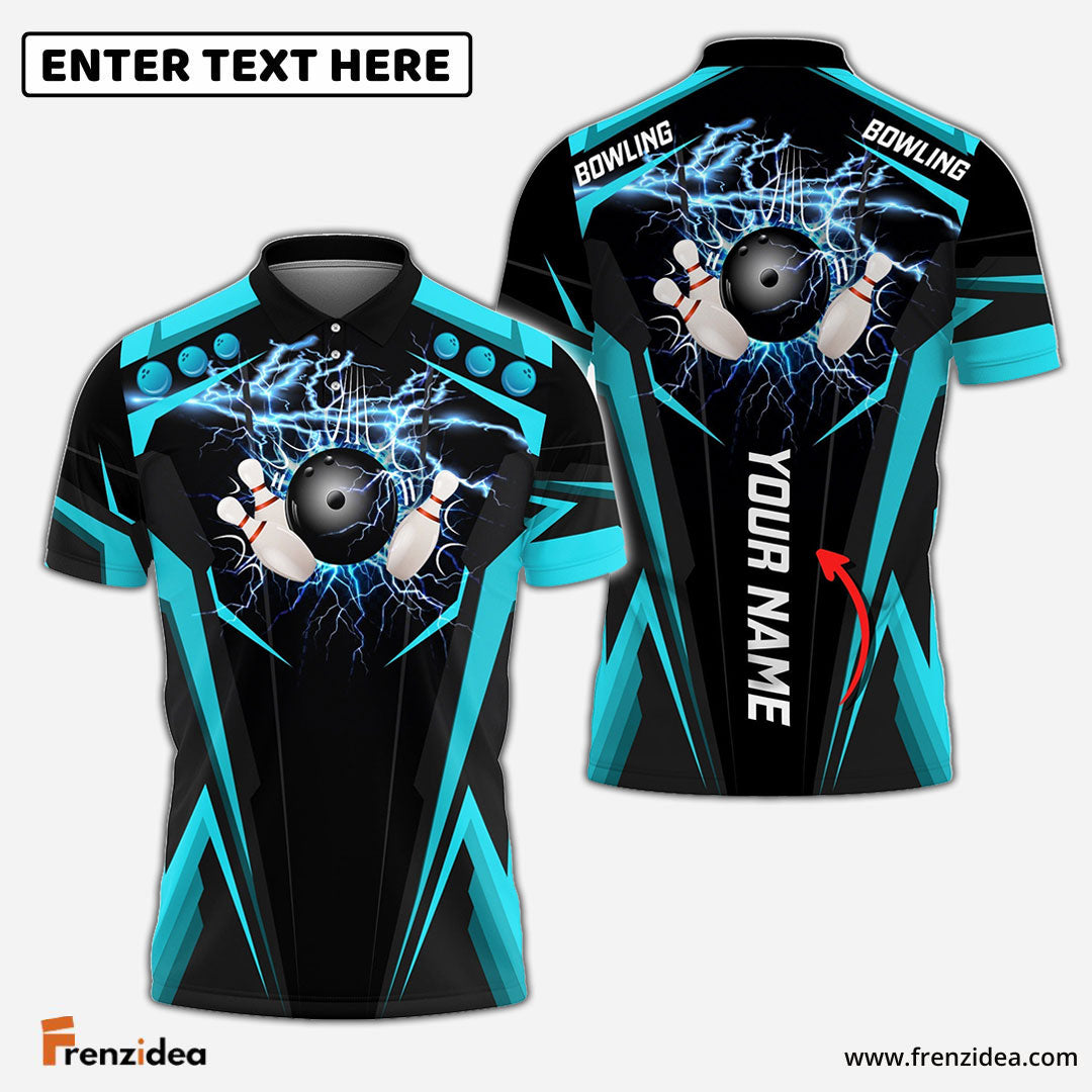 Frenzidea Cyan Bowling Ball Crashing The Pins Thunder Pattern Customized Name All Over Printed Shirt