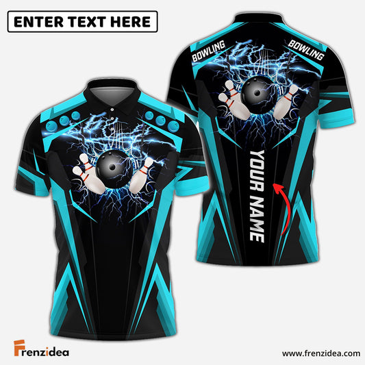 Frenzidea Cyan Bowling Ball Crashing The Pins Thunder Pattern Customized Name All Over Printed Shirt