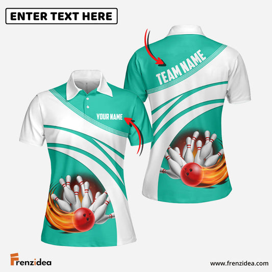 Frenzidea Cyan Bowling Ball Premium Customized Name 3D Shirt For Women