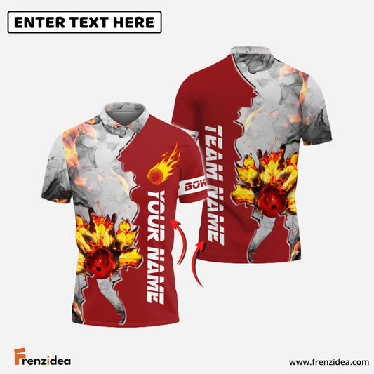 Frenzidea Red Bowling Ball And Pins Flame Grey Smoke Pattern Premium Customized Name 3D Shirt