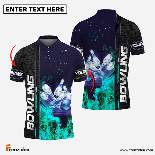 Frenzidea Dark Blue Bowling Cyan Flame Customized All Over Printed Shirt