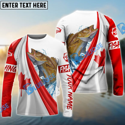 Frenzidea Canadian Flag Patriotic Walleye Fishing Custom Name 3D Long Sleeve Fishing Shirts