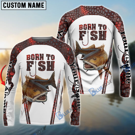 Frenzidea "Born To Fish" Redfish Fishing Red Camo Custom Name   Long Sleeve Fishing Shirts