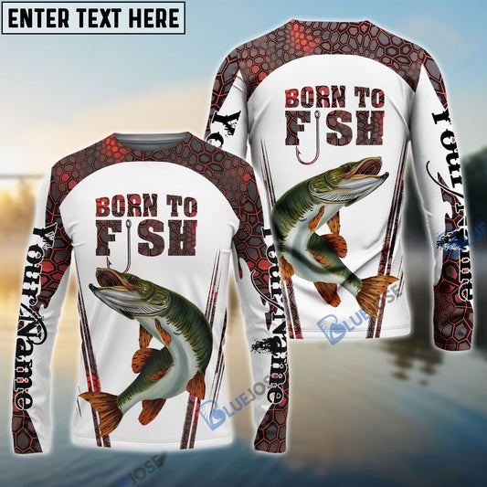 Frenzidea "Born To Fish" Musky Fishing Red Camo Custom Name   Long Sleeve Fishing Shirts