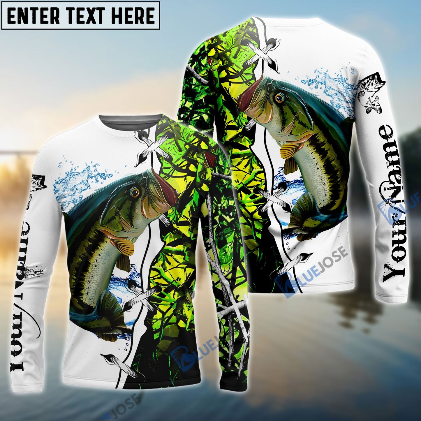 Frenzidea Largemouth Bass Fishing Green Camouflage Custom Name Performance Long Sleeve Fishing Shirts