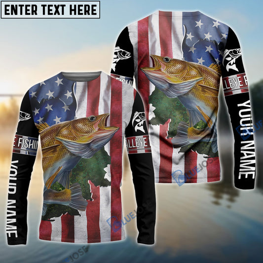 Frenzidea Walleye Fishing American Flag Patriotic Fourth Of July Personalized Walleye Long Sleeve Fishing Shirts