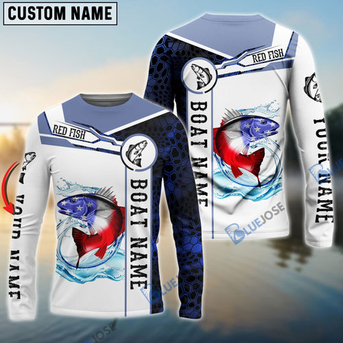 Frenzidea Redfish Fishing Blue Camo American Flag Custom Name & Boat Name 3D Shirts