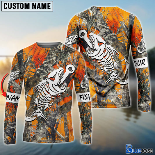 Frenzidea Orange Camo Fish Hook Skull Custom Name Long Sleeve