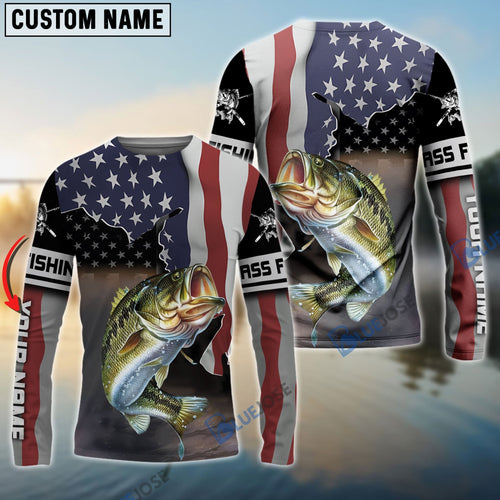 Frenzidea Custom Bass Fishing American Flag Fishing Long Sleeves