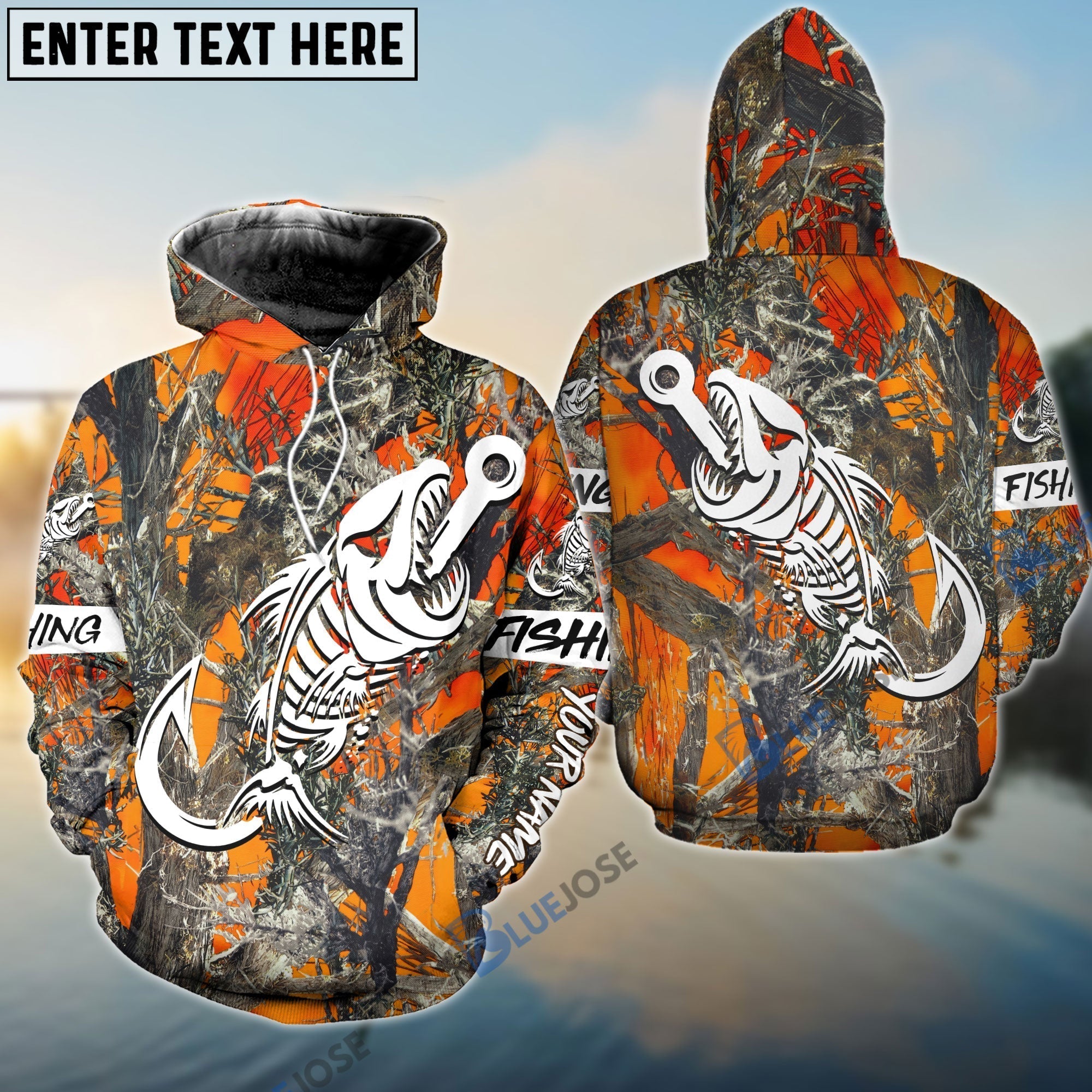 Frenzidea Orange Camo Fish Hook Skull Custom Name Long Sleeve