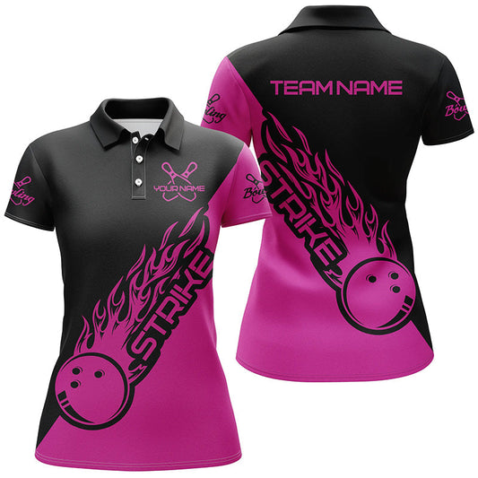 Frenzidea Pink And Black Bowling Strike Customized Name All Over Printed Shirt For Women