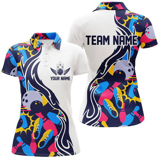 Frenzidea Multicolor Bowling Ball And Pins Pattern Premium Customized Name 3D Shirt For Women