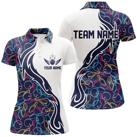 Frenzidea Multicolor Bowling Ball And Pins Pattern Classic Customized Name All Over Printed Shirt For Women