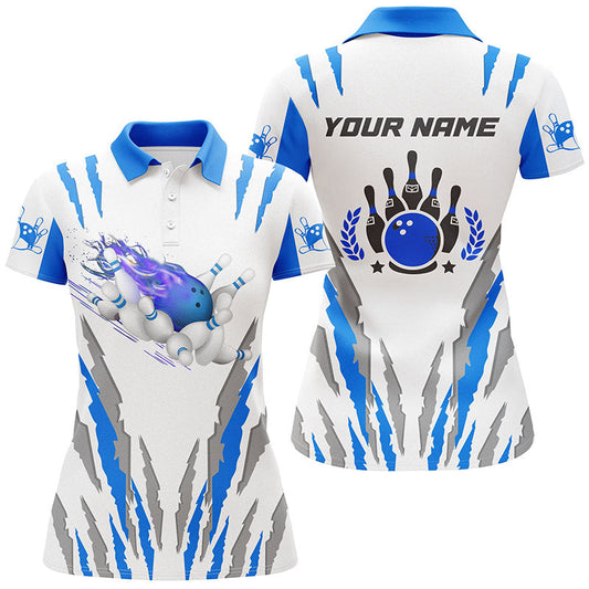 Frenzidea Blue Flame Bowling Ball Personalized All Over Printed Shirt For Women