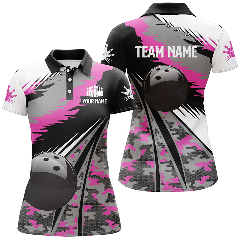 Frenzidea Black Ball Pink Camo Bowling Premium Customized Name 3D Shirt For Women