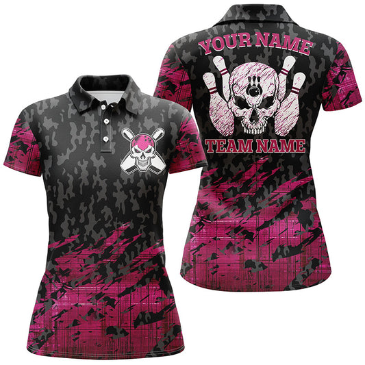 Frenzidea Pink Bowling Skeleton Customized Name All Over Printed Shirt For Women