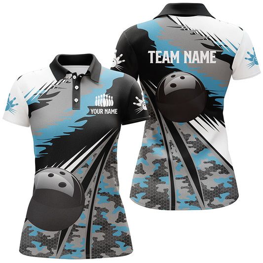 Frenzidea Black Ball Blue Camo Bowling Personalized All Over Printed Shirt For Women