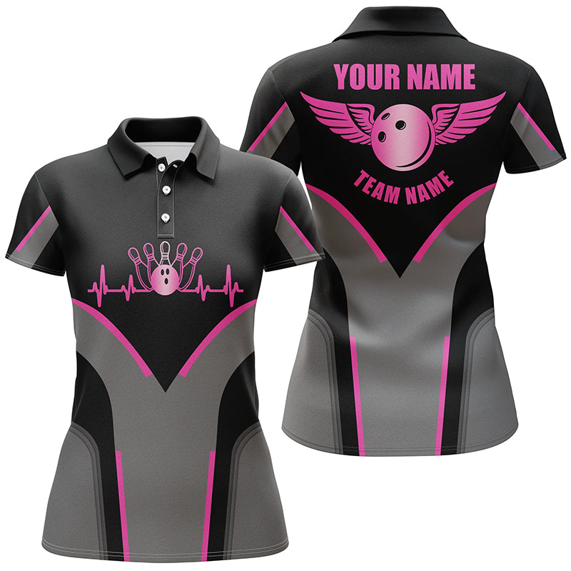 Frenzidea Black Pink Bowling Heartbeat Premium Customized Name 3D Shirt For Women