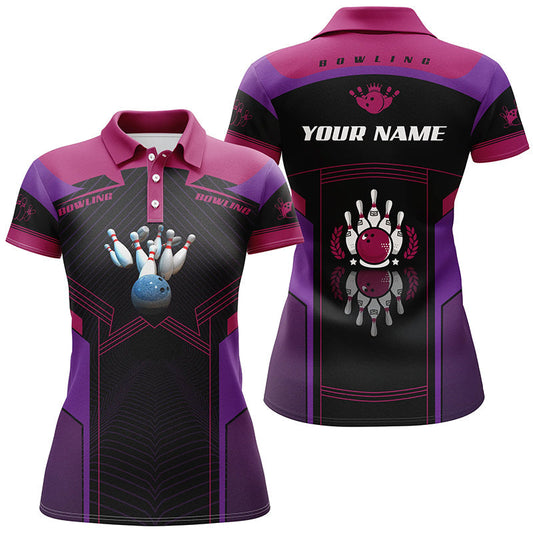 Frenzidea Purple Bowling Ball And Pins Customized Name All Over Printed Shirt For Women