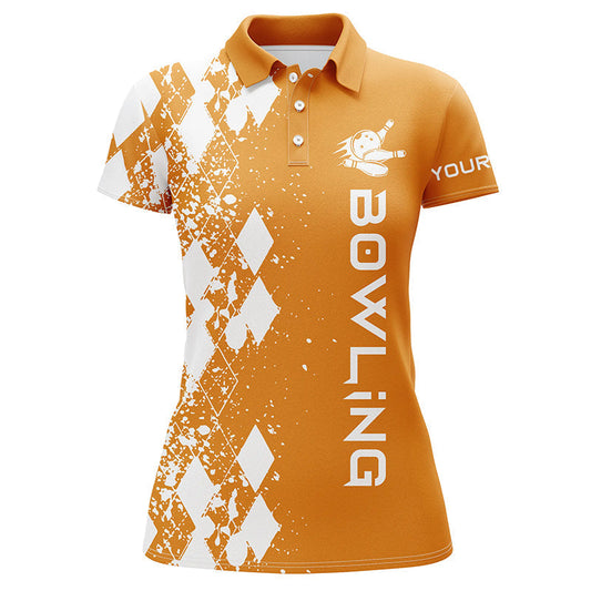 Frenzidea Orange Bowling Argyle Bowling Pattern Premium Customized Name 3D Shirt For Women