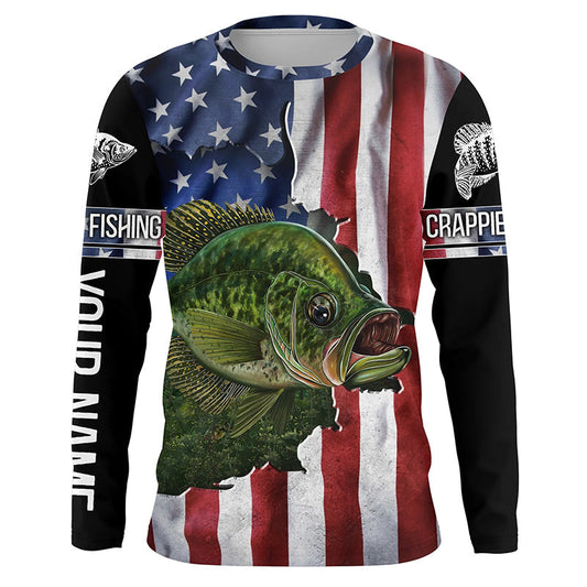 Frenzidea Crappie Fishing American Flag Patriotic Fourth Of July Personalized Crappie Long Sleeve Fishing Shirts