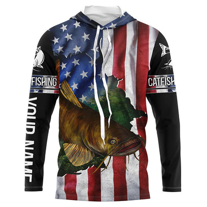 Frenzidea Flathead Catfish Fishing American Flag Patriotic Personalized Catfish Long Sleeve Fishing Shirts