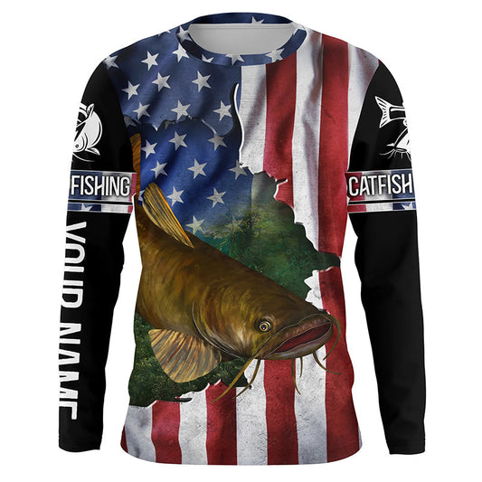 Frenzidea Flathead Catfish Fishing American Flag Patriotic Personalized Catfish Long Sleeve Fishing Shirts