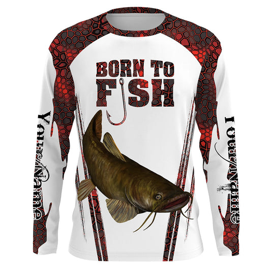 Frenzidea "Born To Fish" Catfish Fishing Red Camo Custom Name   Long Sleeve Fishing Shirts